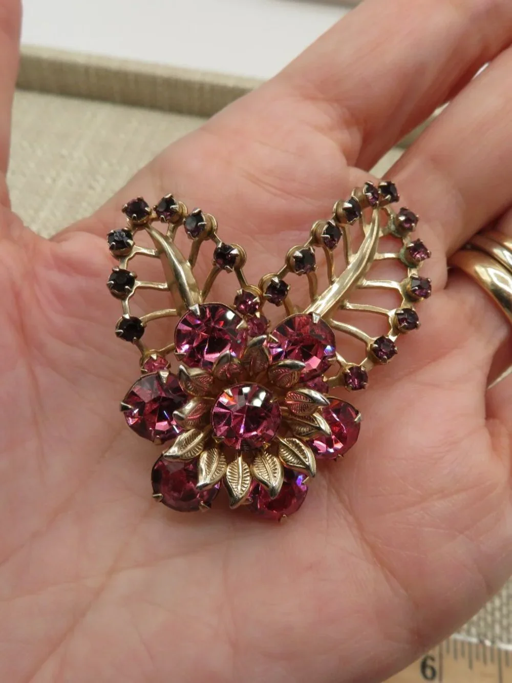 Vintage Floral Pink Purple Rhinestone Gold Tone Brooch